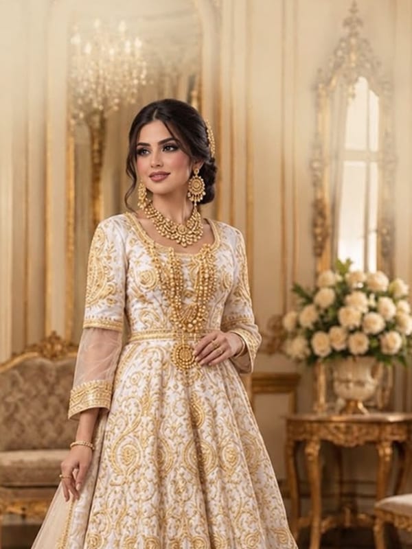 فستان عاجي بتطريز ذهبي كثيف