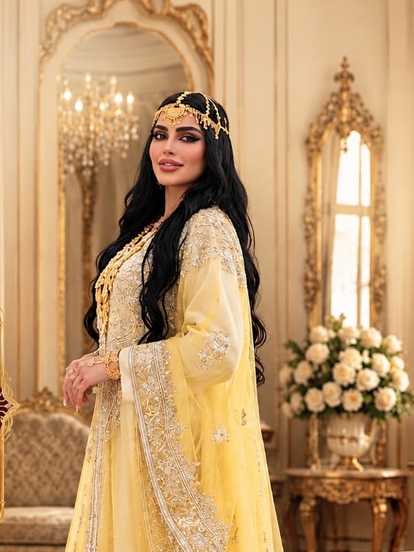 فستان أصفر بطرحة مطرزة